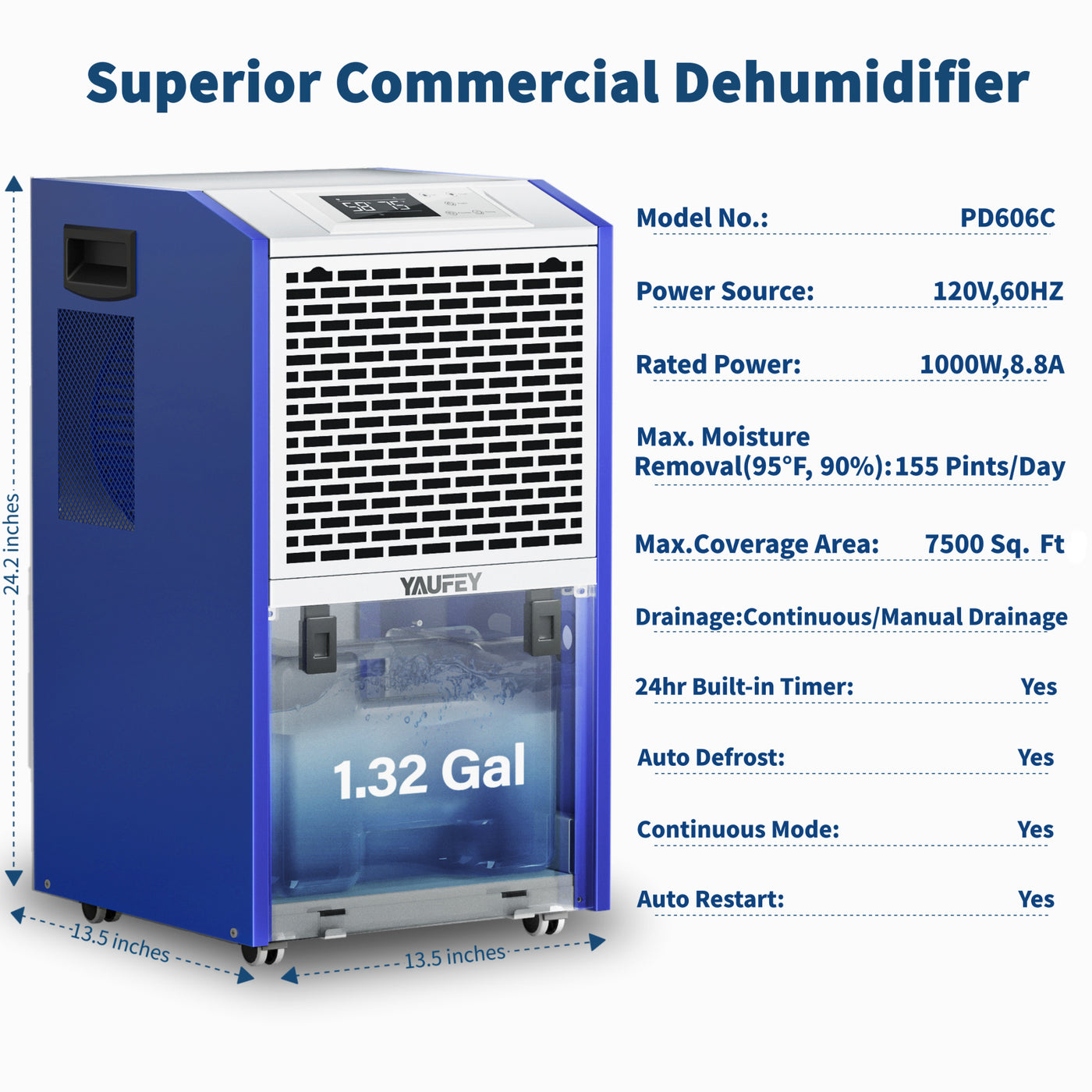 155 Pints Commercial Dehumidifier for Space up to 7,500 Sq. Ft (Model: PD606C)