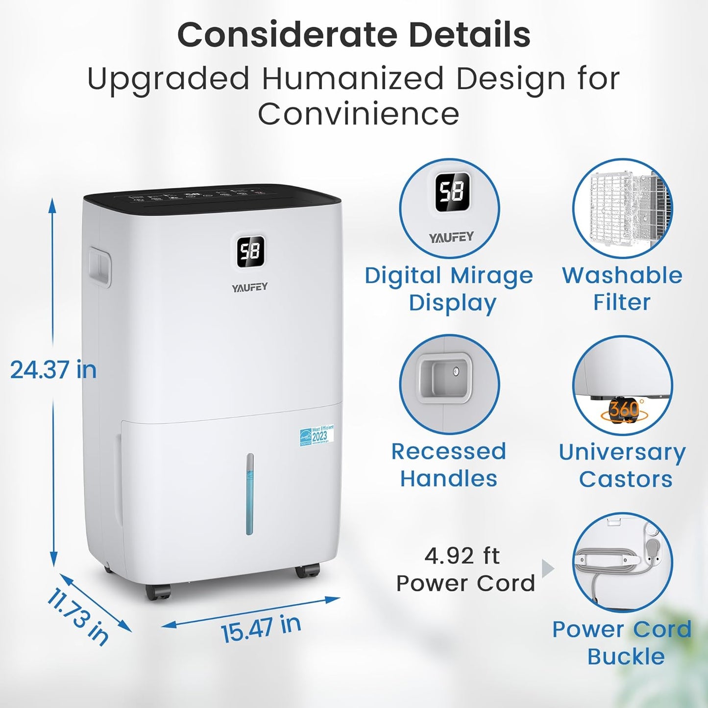 Yaufey 150 Pints Energy Star Dehumidifier for Basement, Home and Room up to 7000 Sq. Ft., with Drain Hose, Timer, Intelligent Humidity Control and Large Water Tank