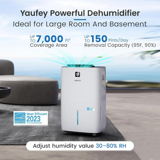 Yaufey 150 Pints Energy Star Dehumidifier for Basement, Home and Room up to 7000 Sq. Ft., with Drain Hose, Timer, Intelligent Humidity Control and Large Water Tank