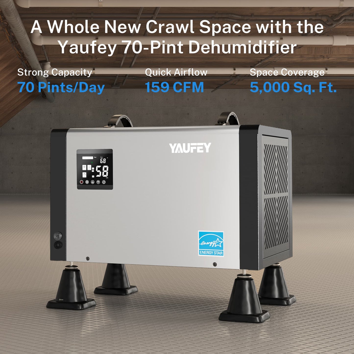 Yaufey 70 Pints Crawlspace Dehumidifier with Pump and ENERGY STAR Efficiency