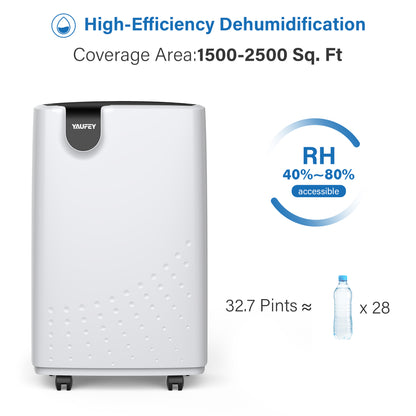 Yaufey 32.7 Pints Home Dehumidifier with Drain Hose, up to 2,500 Sq. Ft. Space Covered (Model: PD161D)