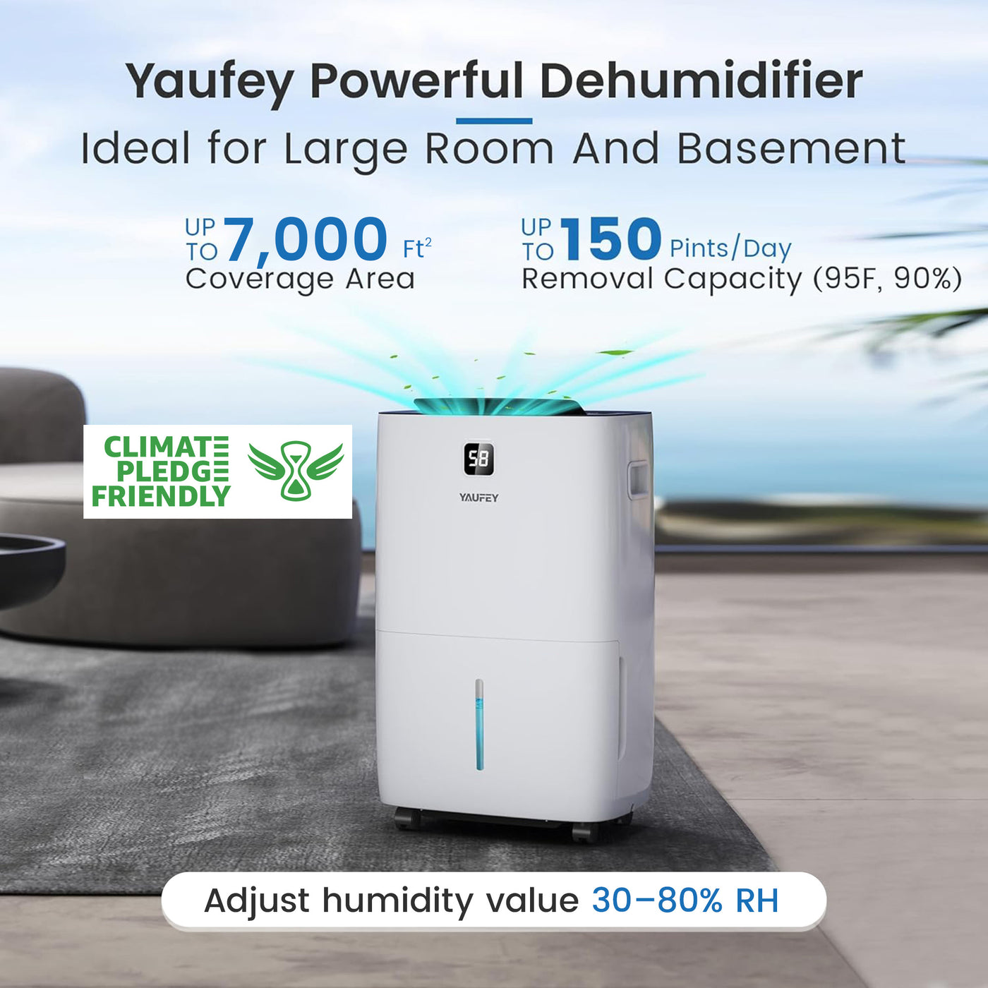 Yaufey 150 Pints Dehumidifier for Basement, Home and Room up to 7000 Sq. Ft., with Drain Hose, Timer, Intelligent Humidity Control and Large Water Tank