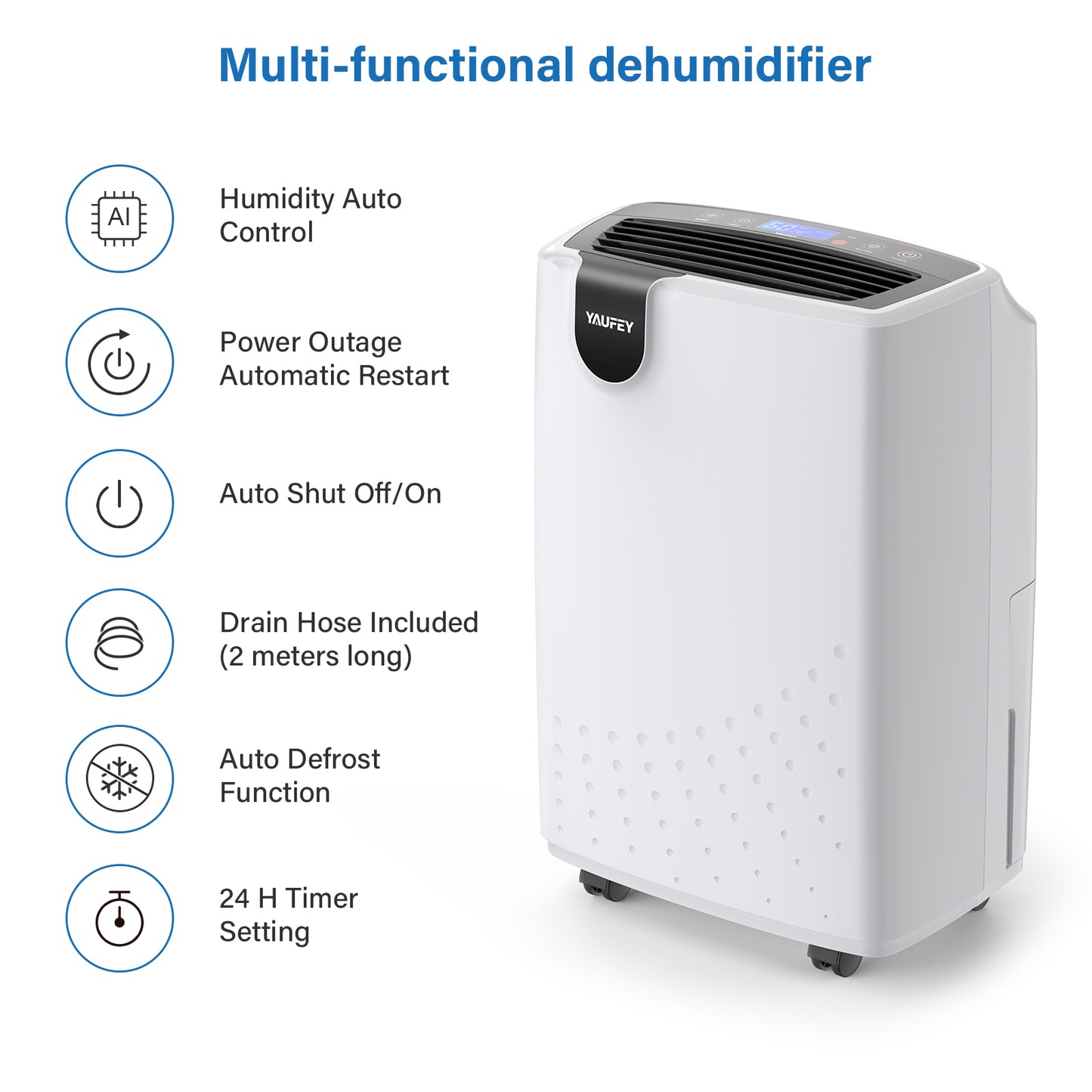 Yaufey 32.7 Pints Home Dehumidifier with Drain Hose, up to 2,500 Sq. Ft. Space Covered (Model: PD161D)