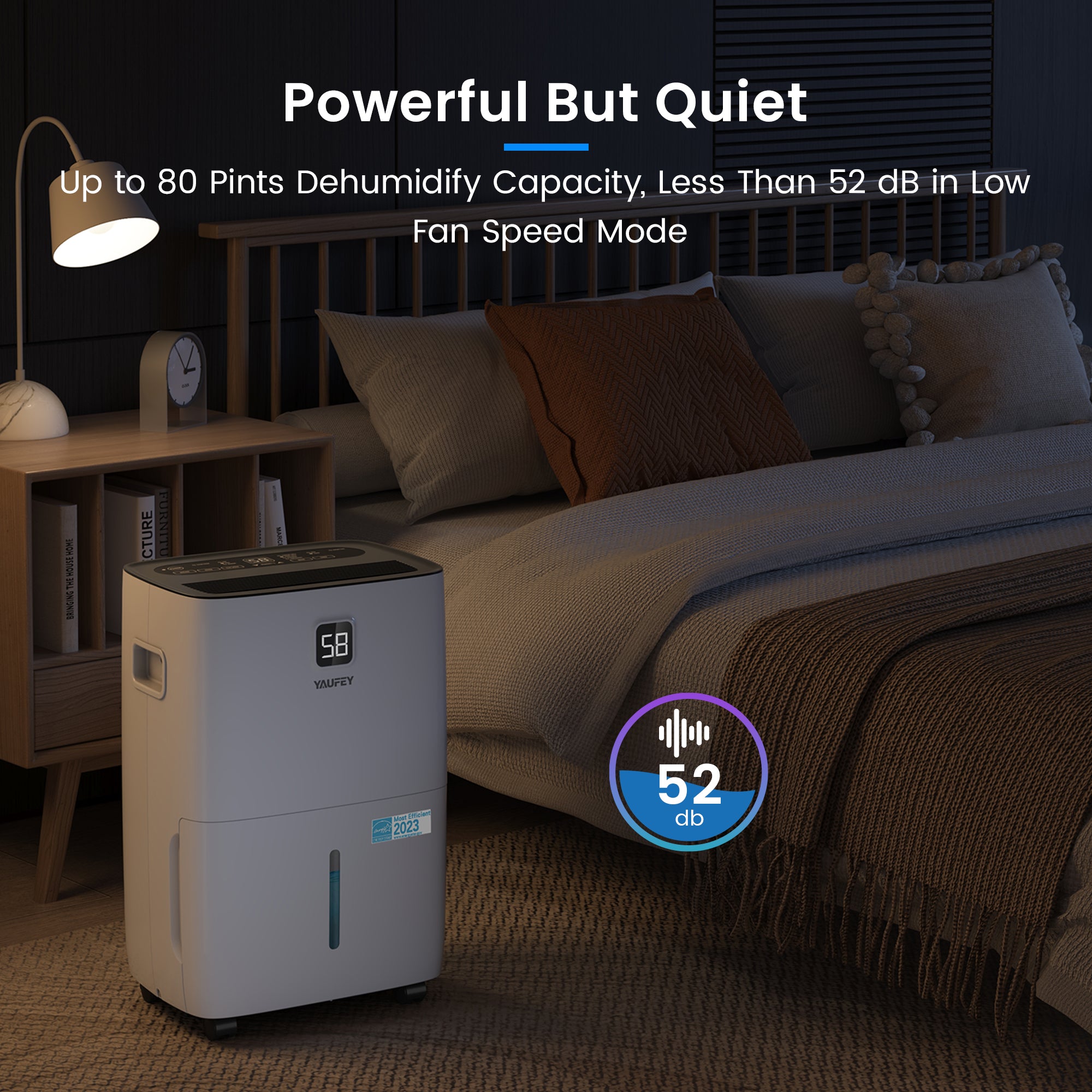 Yaufey 80-Pint Energy Star Dehumidifier for Home, Basement and Large Rooms up to 5000 Sq. Ft, Powerful and Quiet, with Timer, Intelligent Humidity Control, Drain Hose and Large Water Tank(Model: JD025Q-80)