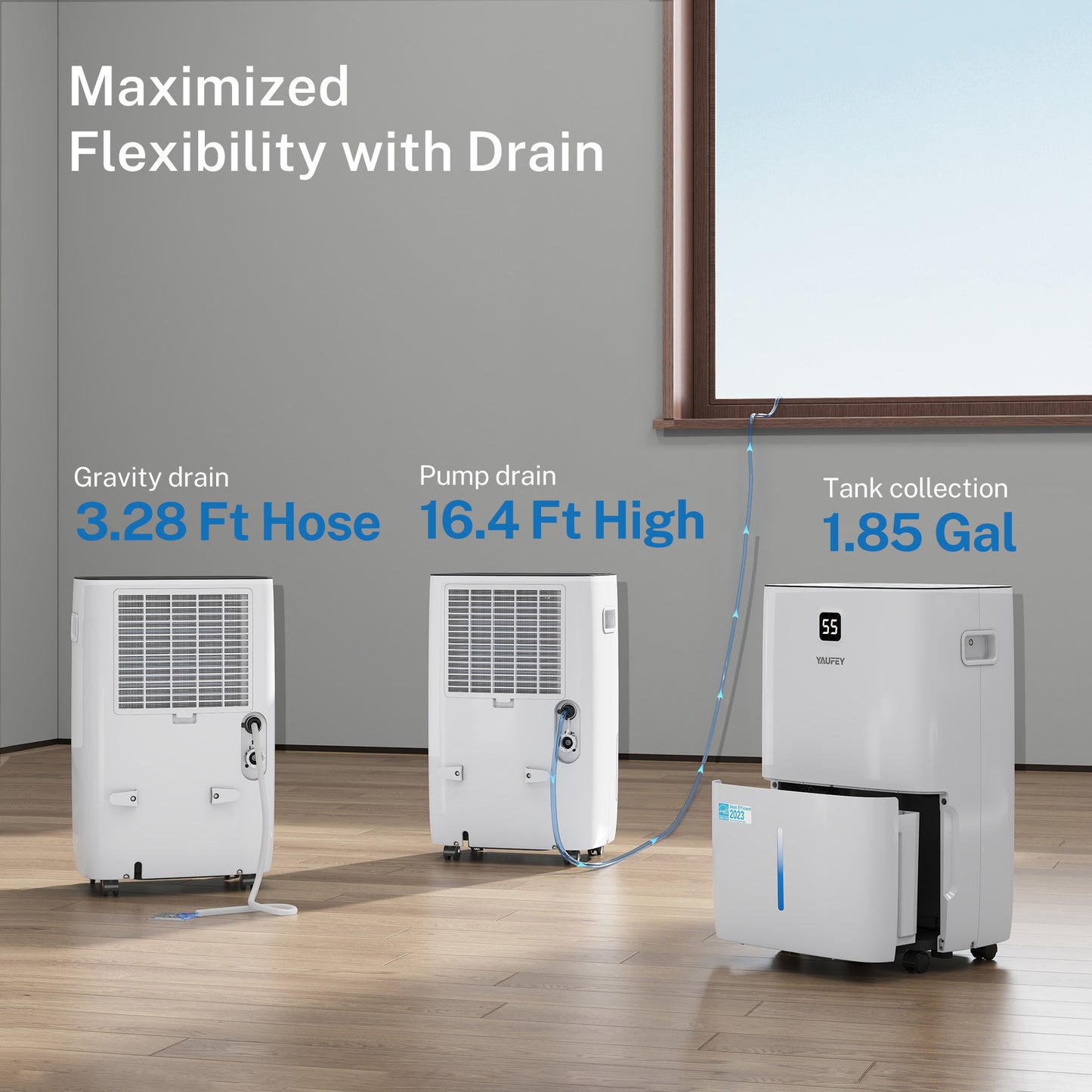 Yaufey 150 Pints Energy Star Dehumidifier with Pump for Basement, Home and Room up to 7000 Sq. Ft., With Drain Hose, Timer, Intelligent Humidity Control and Large Water Tank