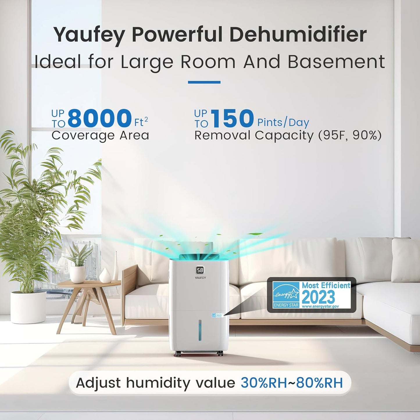 Yaufey 150 Pints Energy Star Dehumidifier with Pump for Basement, Home and Room up to 7000 Sq. Ft., With Drain Hose, Timer, Intelligent Humidity Control and Large Water Tank