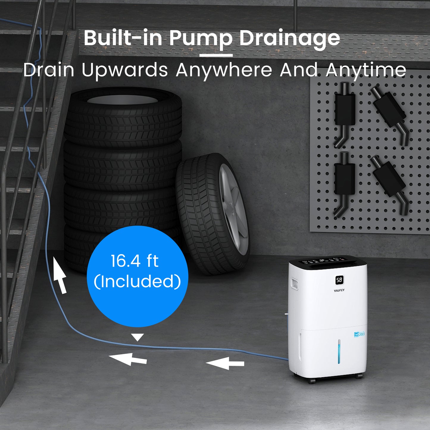 Yaufey 150 Pints Energy Star Dehumidifier with Pump for Basement, Home and Room up to 7000 Sq. Ft., With Drain Hose, Timer, Intelligent Humidity Control and Large Water Tank