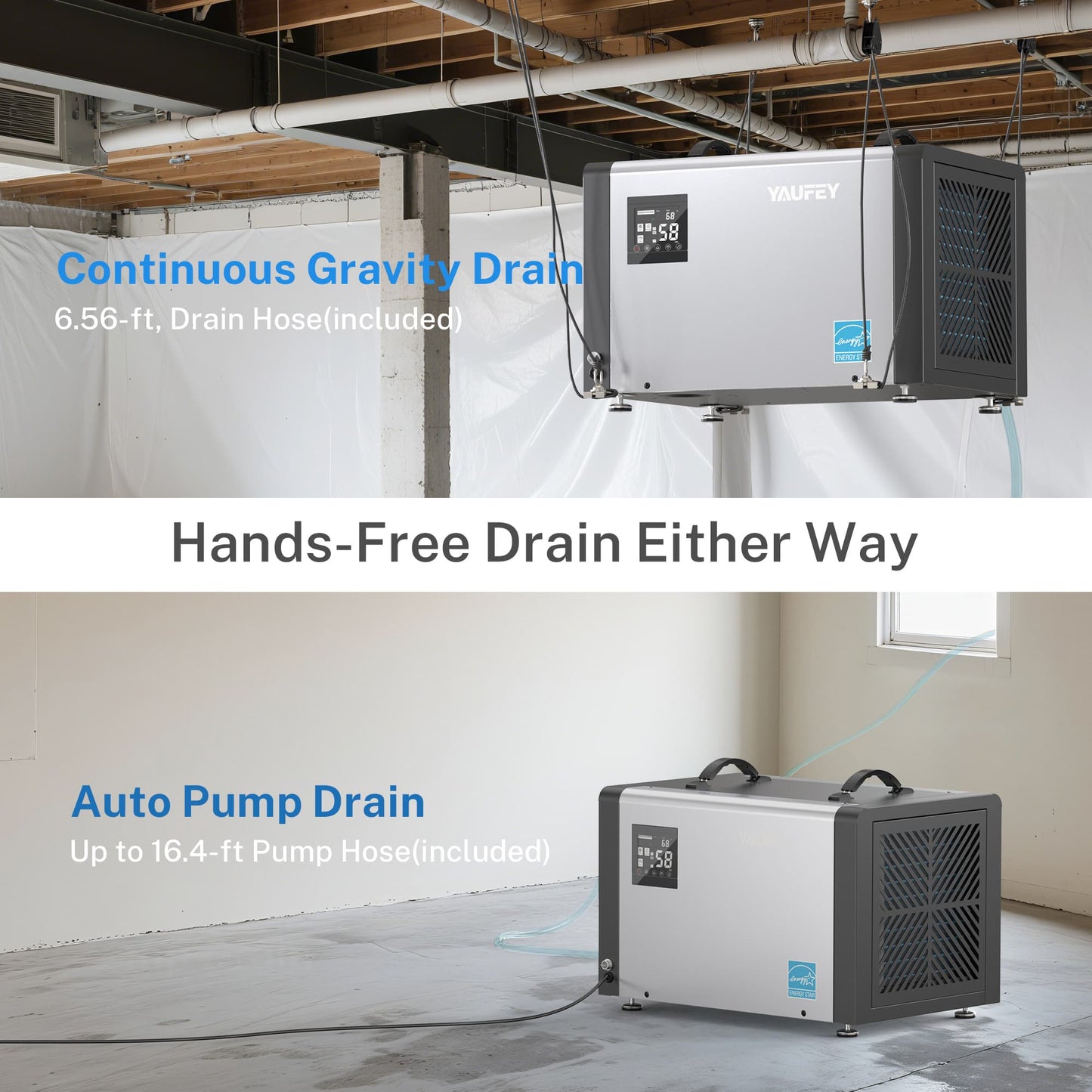 Yaufey 70 Pints Crawlspace Dehumidifier with Pump and ENERGY STAR Efficiency