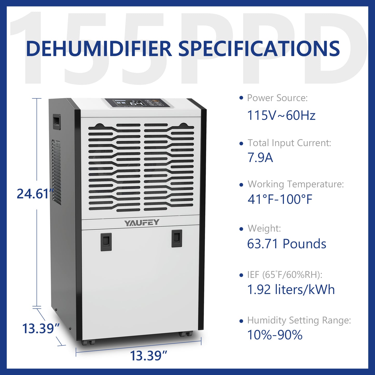 Yaufey 155 Pints Commercial Dehumidifier for Space up to 8,000 Sq. Ft (Model: DP600C)