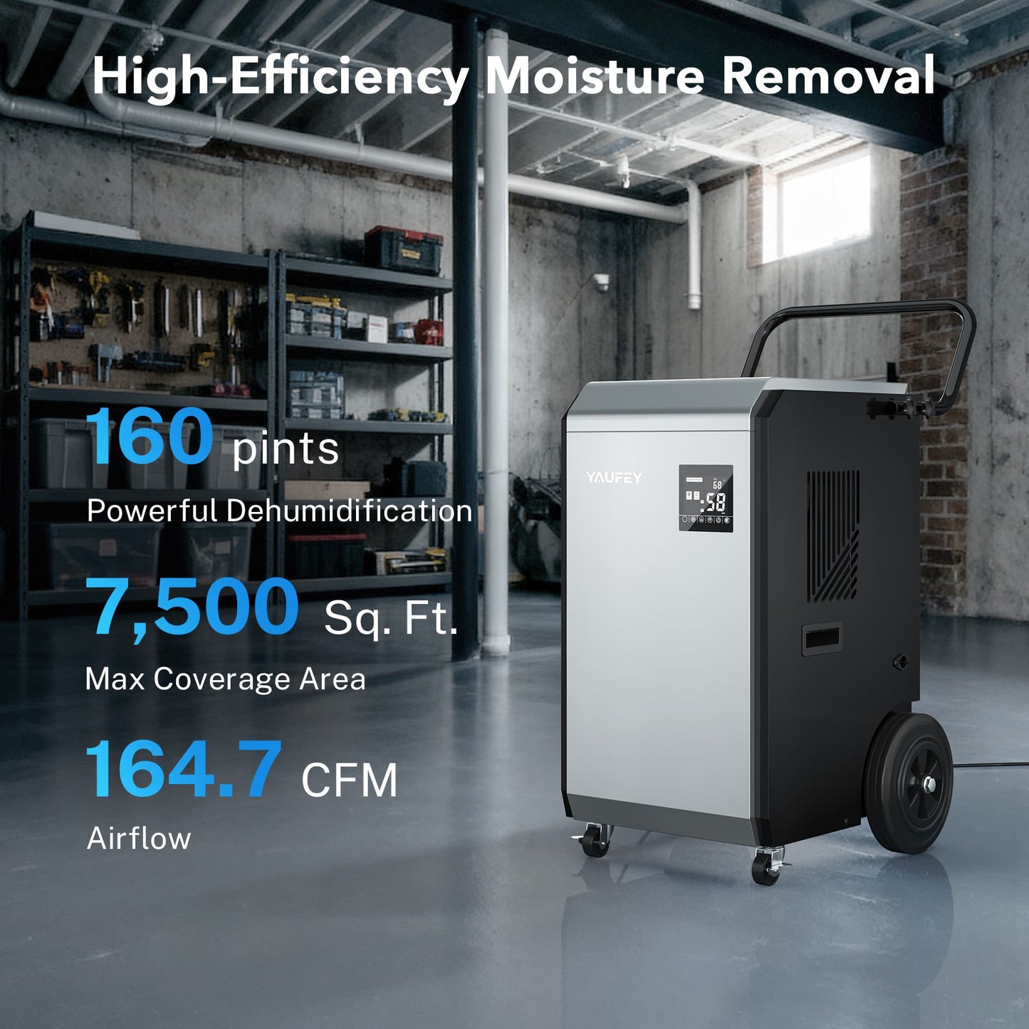 160 Pints Commercial Dehumidifier, 520W High-Efficiency Industrial Dehumidifier with Pump & Drain Hose