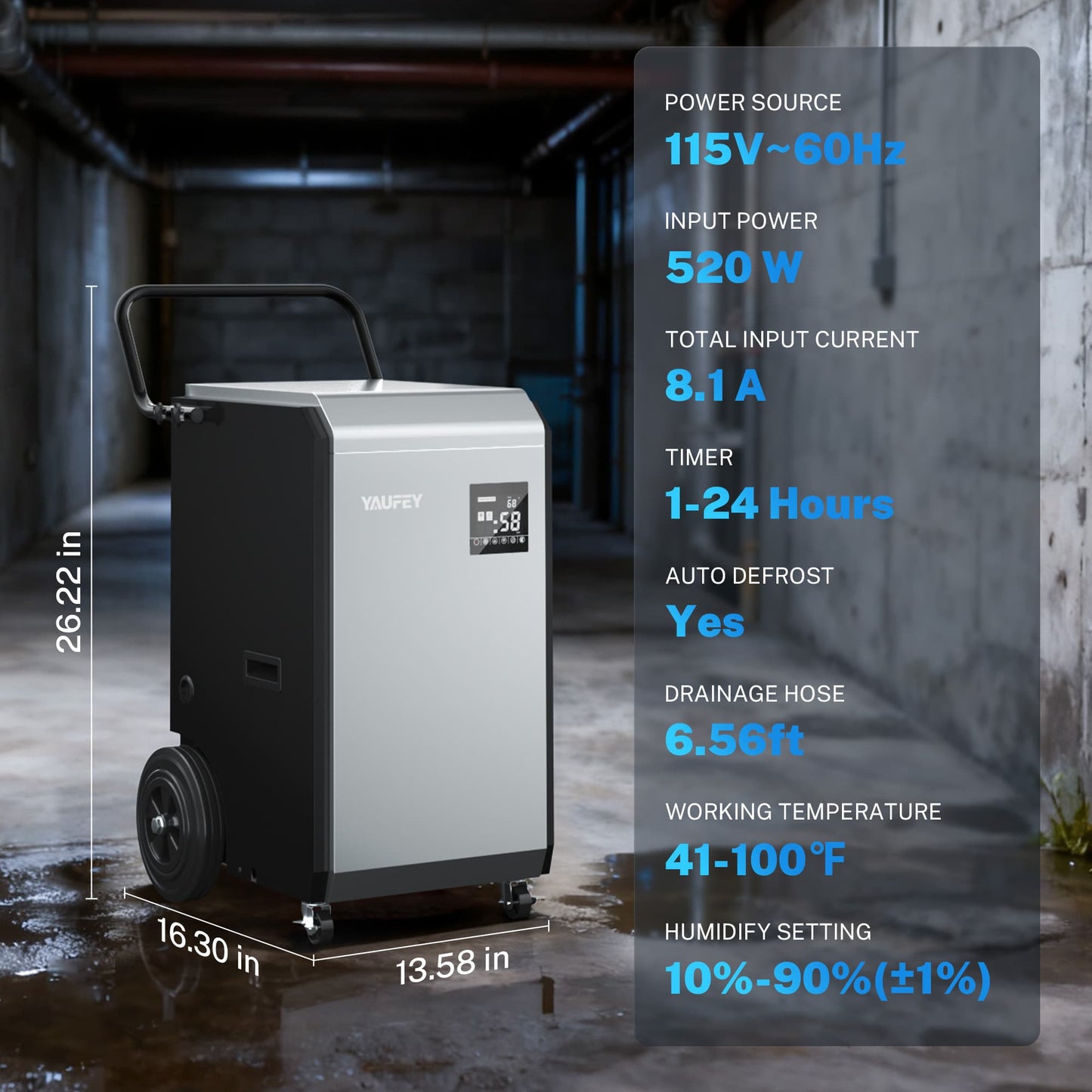 160 Pints Commercial Dehumidifier, 520W High-Efficiency Industrial Dehumidifier with Pump & Drain Hose