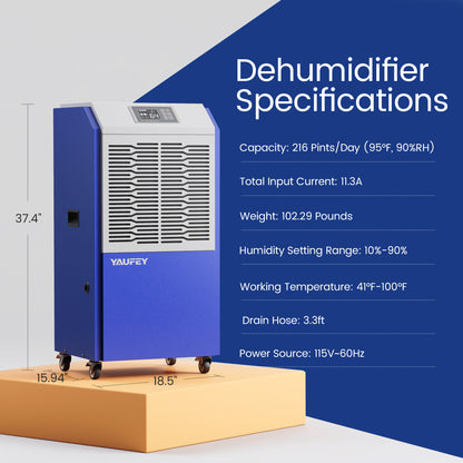 Yaufey 216 Pints Commercial Dehumidifier for Space up to 8,500 Sq. Ft (Model: DP900C)