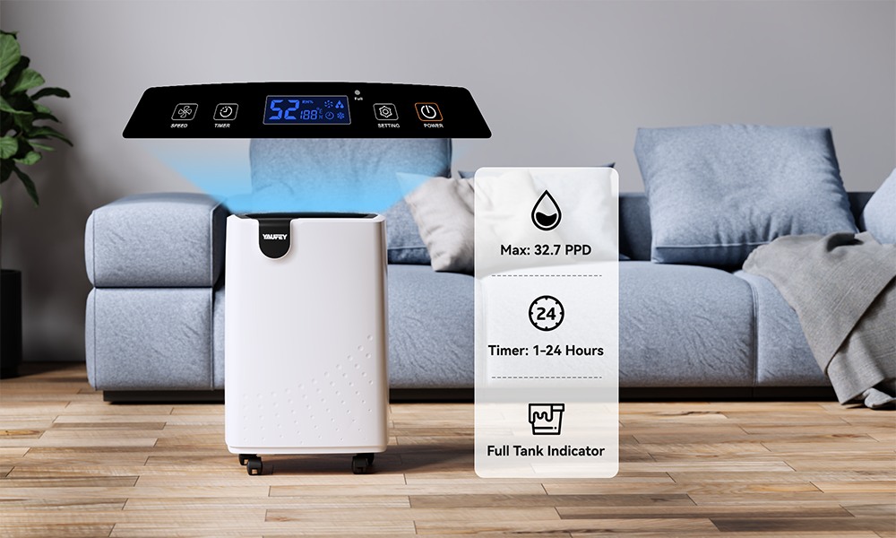 The 32.7 pints home dehumidifier allows you monitor and control the humidity in your home from anywhere.
