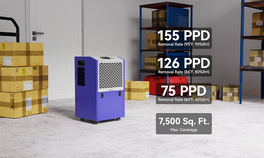 This 155 pints commercial dehumidifier is equipped with a precise humidistat to maintain the comfortable humidity level in the surrounding environment at all times.